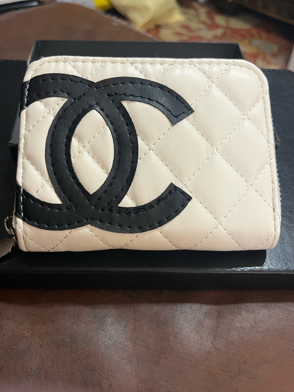 Double C Off White Black Letter Logo Small Zip Around Wallet